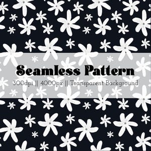 Könnte beinhalten: Ein nahtloses Muster mit weißen floralen Designs auf dunklem Hintergrund. Das Bild enthält den Text "Seamless Pattern" und Details zur Auflösung und zum Hintergrundtyp. Das Blumenmuster wiederholt sich über das gesamte Bild.