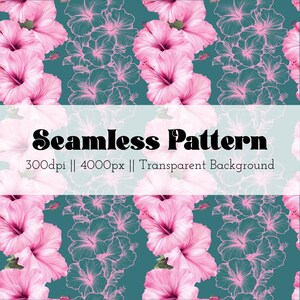 Pink Hibiscus Lei and Outline Seamless Pattern Transparent Background Hawaii Inspired 300dpi Commercial Use Allowed