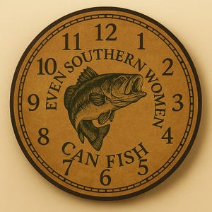 Peut inclure: Une horloge ronde avec un fond marron et une bordure noire. Le cadran de l'horloge présente une illustration de poisson et le texte "EVEN SOUTHERN WOMEN CAN FISH". Les chiffres de 1 à 12 sont affichés.