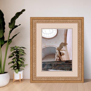 Puede incluir: Una fotografía enmarcada de una estatua de mármol blanco de una figura alada de pie en una escalera. La estatua está en una habitación con un techo abovedado y puertas arqueadas. El marco es dorado con un borde decorativo.