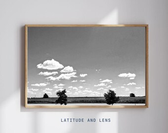 Impressão de paisagem do Texas: fotografia em preto e branco de estrada rural