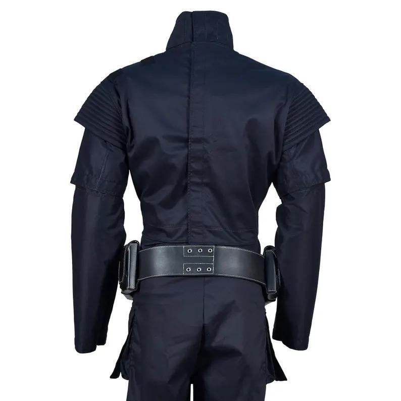 May include: A dark navy blue costume with a high collar and a wide black belt. The costume features structured shoulder details and a belt with three silver-colored rivets. The outfit appears to be a uniform or a cosplay ensemble.