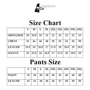 May include: A clothing size chart with measurements for shoulders, chest, length, and sleeves. Sizes range from S to 6XL. Measurements are in inches. A pants size chart is also included, with waist and length measurements in inches.