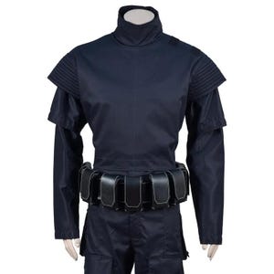 May include: A dark navy blue costume with a high collar and shoulder accents. The outfit includes a long-sleeved top, matching pants, and a utility belt with multiple pouches. The costume is designed for cosplay or themed events.