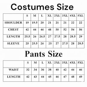 Op de afbeelding: Een maattabel voor kostuums en broeken, met afmetingen in centimeters. De tabel bevat maten van S tot 5XL, met details over schouder, borst, lengte, mouw, taille en lengte voor elke maat. De tekst "Costumes Size" en "Pants Size" staan bovenaan.