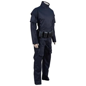 May include: A dark navy blue tactical uniform, featuring a high collar, long sleeves, and cargo pants. The outfit includes a black belt with pouches. The uniform is designed for a functional and professional appearance.