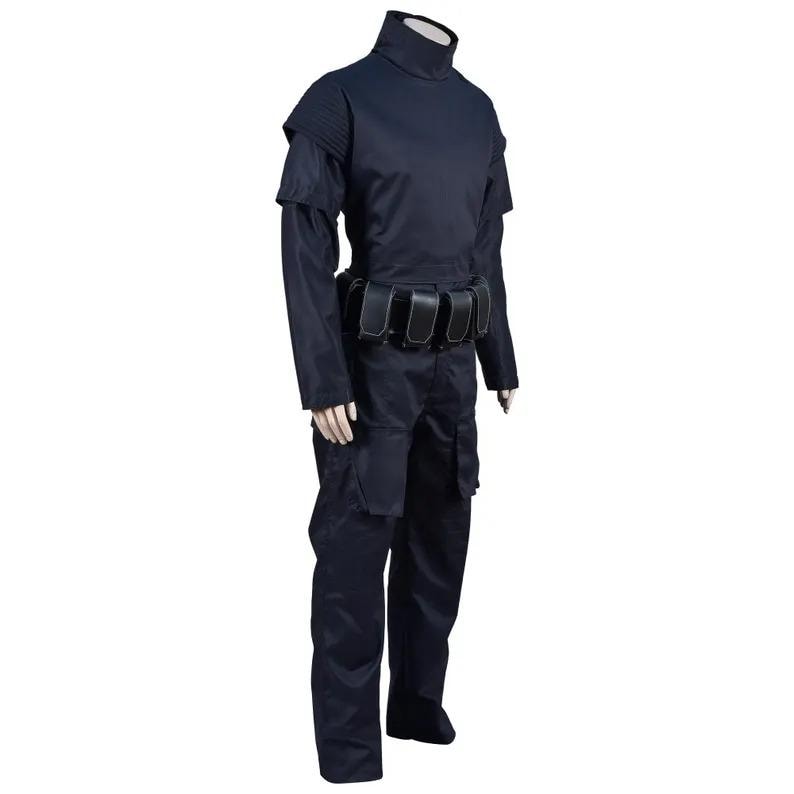 May include: A dark navy blue tactical uniform, featuring a high collar, long sleeves, and cargo pants. The outfit includes a black belt with pouches. The uniform is designed for a functional and professional appearance.
