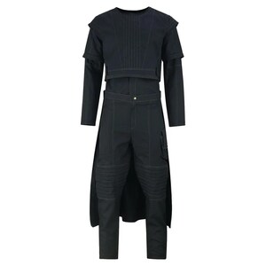 May include: A black outfit with white stitching. The outfit includes a long-sleeved top with a short-sleeved overlay, and trousers with knee padding and a cargo pocket. The outfit has a unique design with a button closure on the trousers.
