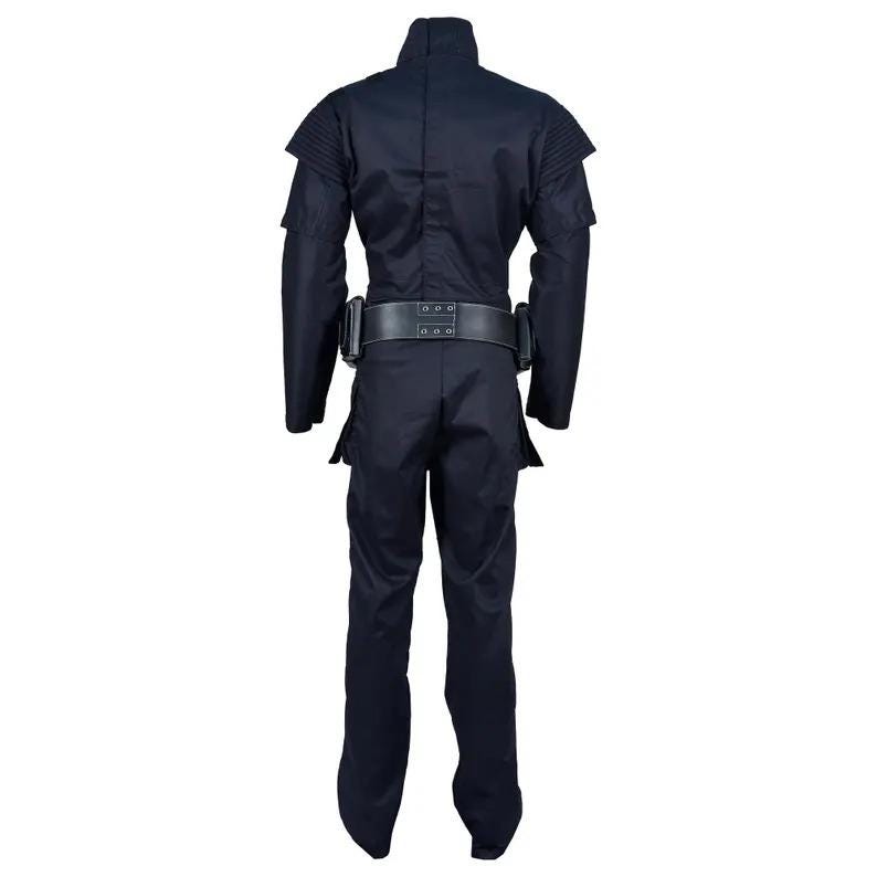 May include: A black jumpsuit with a high collar and shoulder accents. The costume features a wide belt with pouches and is made of a durable fabric. The outfit is designed for cosplay or costume events.