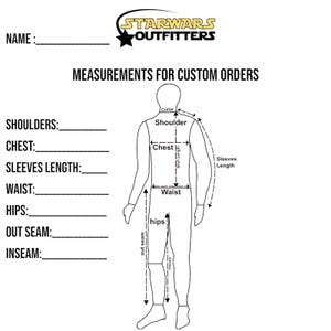 Op de afbeelding: Een zwart-wit diagram voor aangepaste kledingmaten. Het diagram bevat een gestileerde menselijke figuur met gemarkeerde gebieden voor schouder-, borst-, taille- en heupmaten. De tekst "STARWARS OUTFITTERS" staat bovenaan.