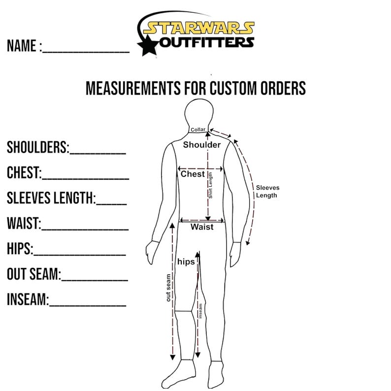Op de afbeelding: Een zwart-wit diagram voor aangepaste kledingmaten. Het diagram bevat een gestileerde menselijke figuur met gemarkeerde gebieden voor schouder-, borst-, taille- en heupmaten. De tekst "STARWARS OUTFITTERS" staat bovenaan.