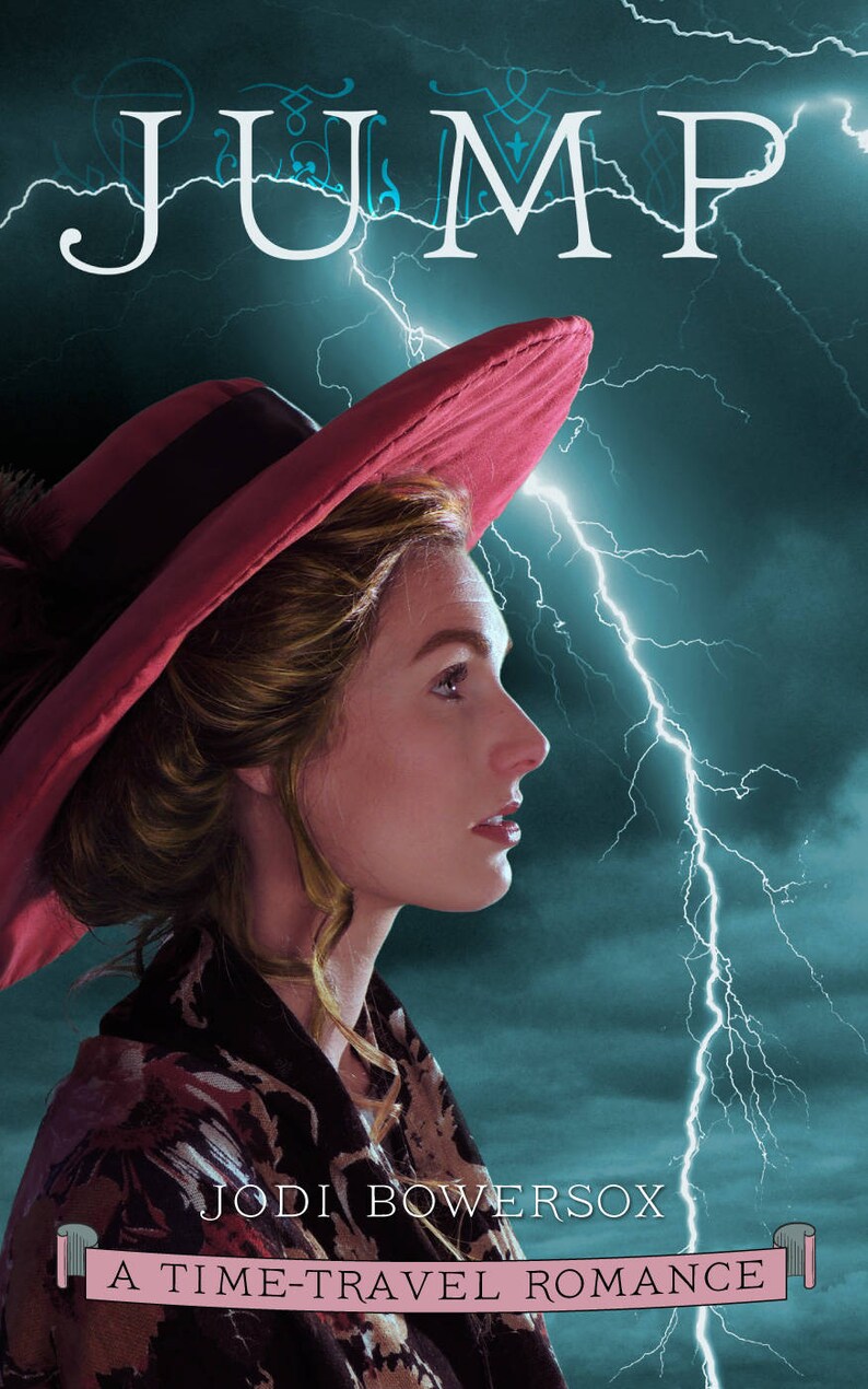 May include: A book cover with the title "JUMP" in white text against a dark blue background with white lightning bolts. The cover features a woman wearing a red hat and a patterned jacket, looking to the right. The text "JODI BOWERSOX" and "A TIME-TRAVEL ROMANCE" are also on the cover.
