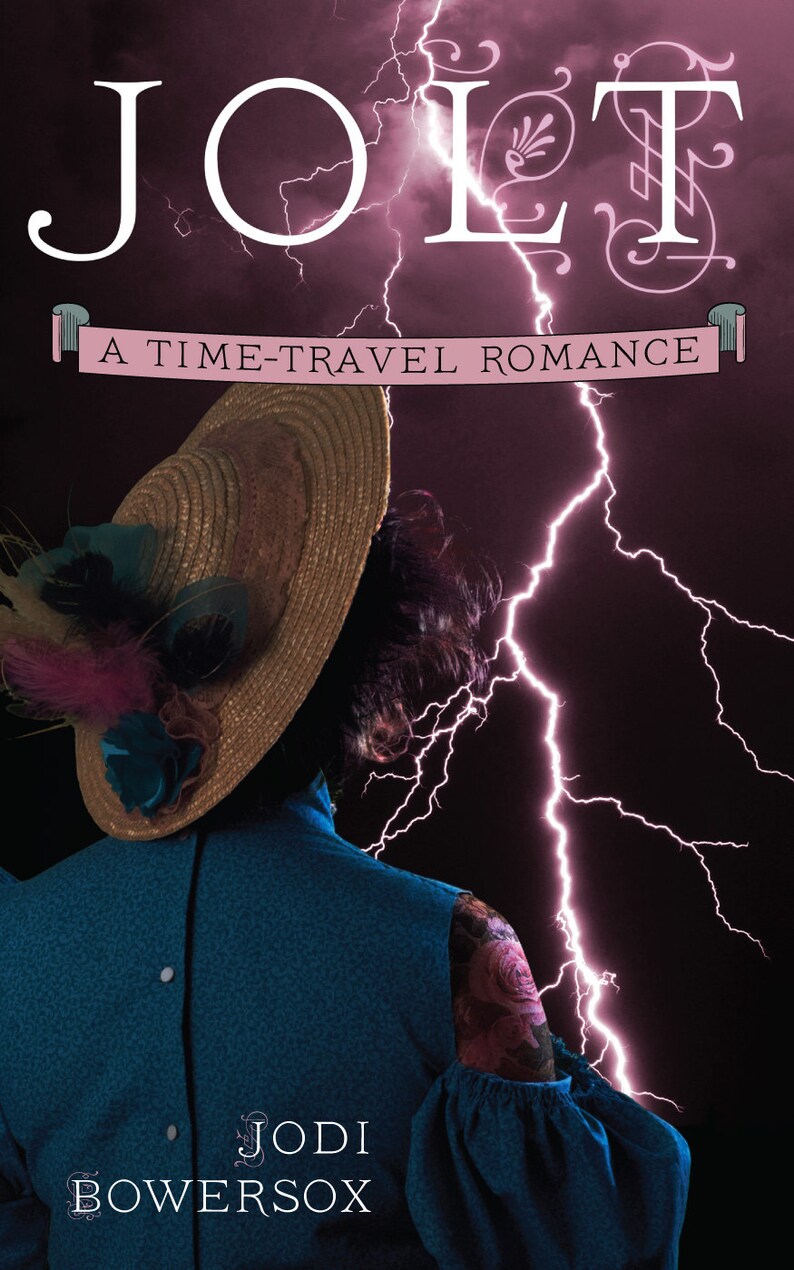 May include: Book cover with the title "JOLT: A TIME-TRAVEL ROMANCE" in white text on a pink background. A woman with dark hair is wearing a blue dress and a straw hat with a pink feather. A white lightning bolt is behind her.