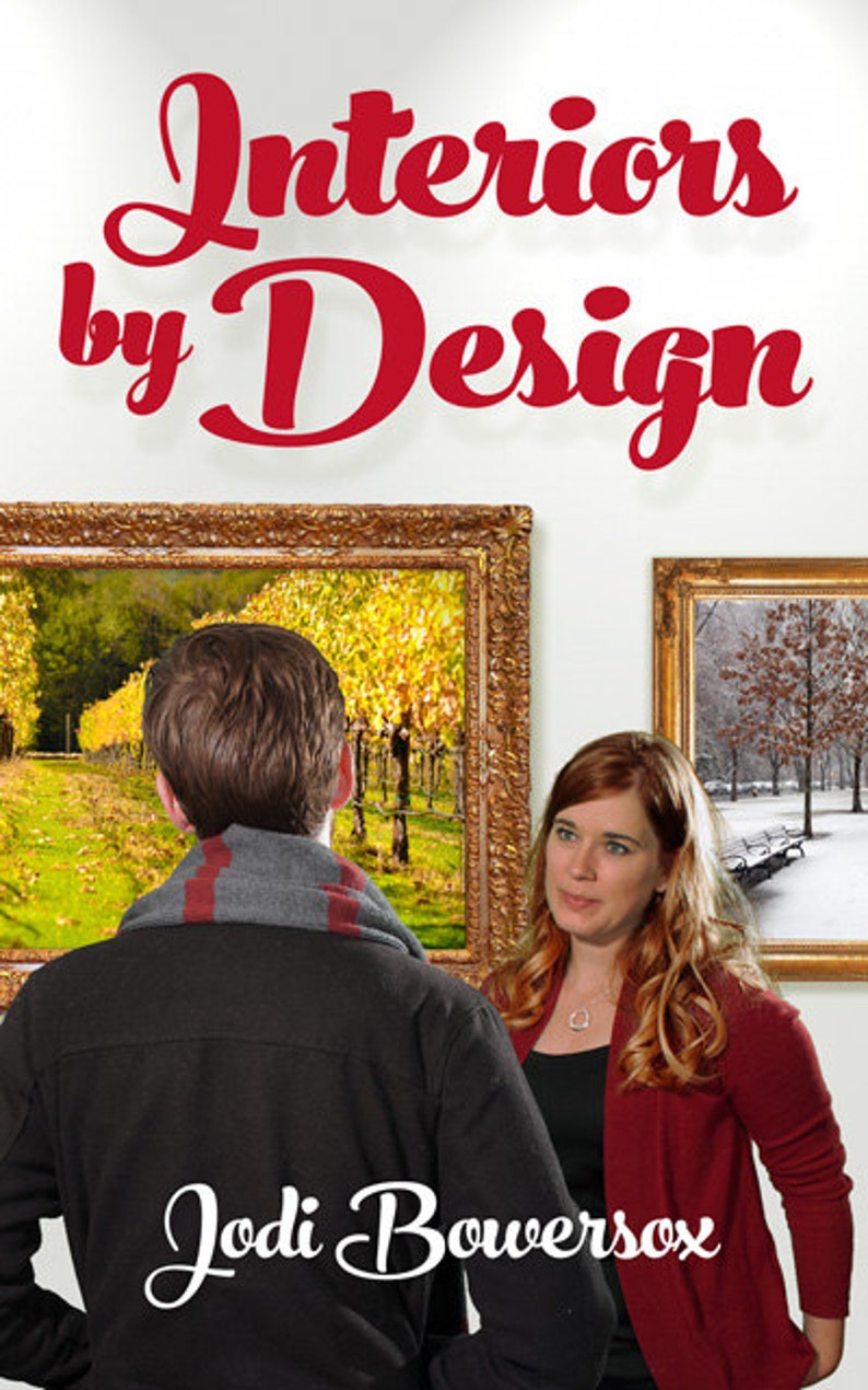 K&ouml;nnte beinhalten: Ein Paar steht vor zwei gerahmten Gem&auml;lden. Die Frau tr&auml;gt einen roten Blazer und der Mann eine schwarze Jacke. Der Text "Interiors by Design" ist oben im Bild in Rot geschrieben. Der Text "Jodi Bowersox" ist unten im Bild in Wei&szlig; geschrieben.