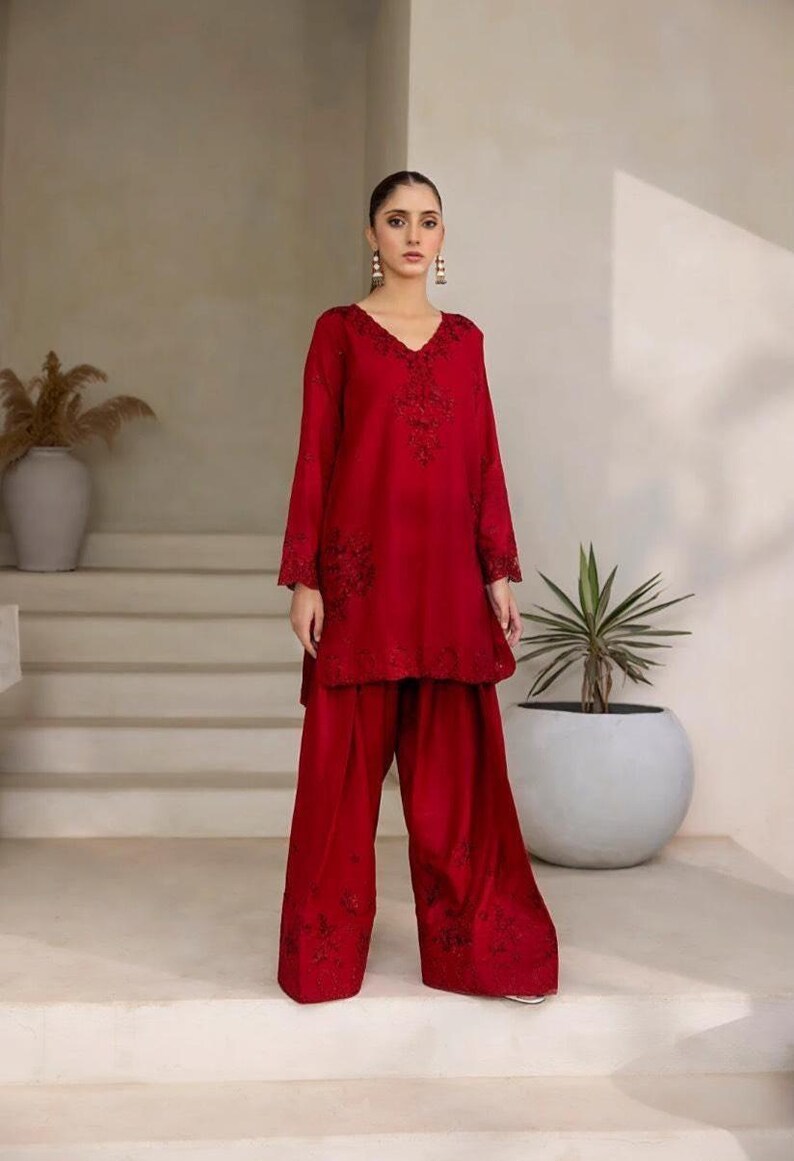 Red Organza Handwork Farshi Salwar