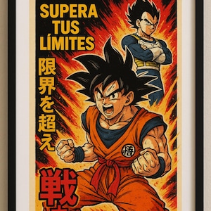 Goku and Vegeta Motivational Poster – Push Your Limits – Vintage Anime Style – Dragon Ball Digital Art Download