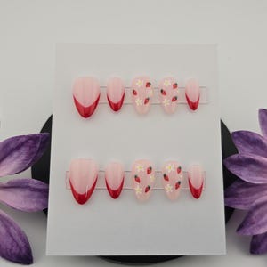 Short almond hand painted strawberry 20pc press on set with small through large sizes