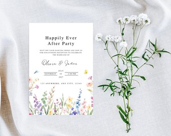 Puede incluir: Una tarjeta de invitación de boda rectangular con un borde floral de acuarela en la parte inferior y el texto Happily Ever After Party, Olivia & James, Saturday July 10 2027 at 2:00 PM, y 123 Anywhere, Any City, 12345.