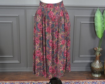 Burgundy Floral & Paisley Rayon Rok - 27" Taille