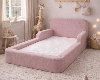 Cuna de espuma Montessori MyFoam con colchón de 14 cm, segura y cómoda, baja, funda extraíble, ROSA.