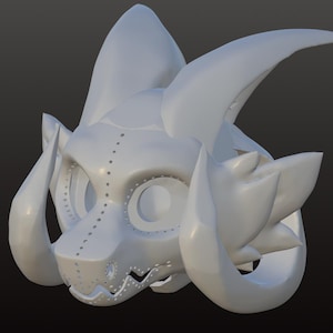 May include: A 3D-rendered, off-white sculpture of a stylized animal skull. The skull features large, curved horns, prominent eye sockets, and a detailed jawline. The design incorporates rivet-like details, suggesting a mechanical or robotic aesthetic.