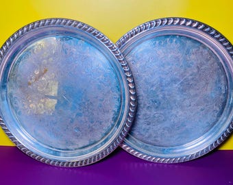 Vintage International Silverplate Rope Edge Pierced Serving Tray Platter Engraved 1966 Set of 2