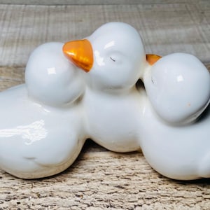 Vintage Ceramic White Duck Goose Figurine Family of 3 Mom & Babies Nursery Decor
