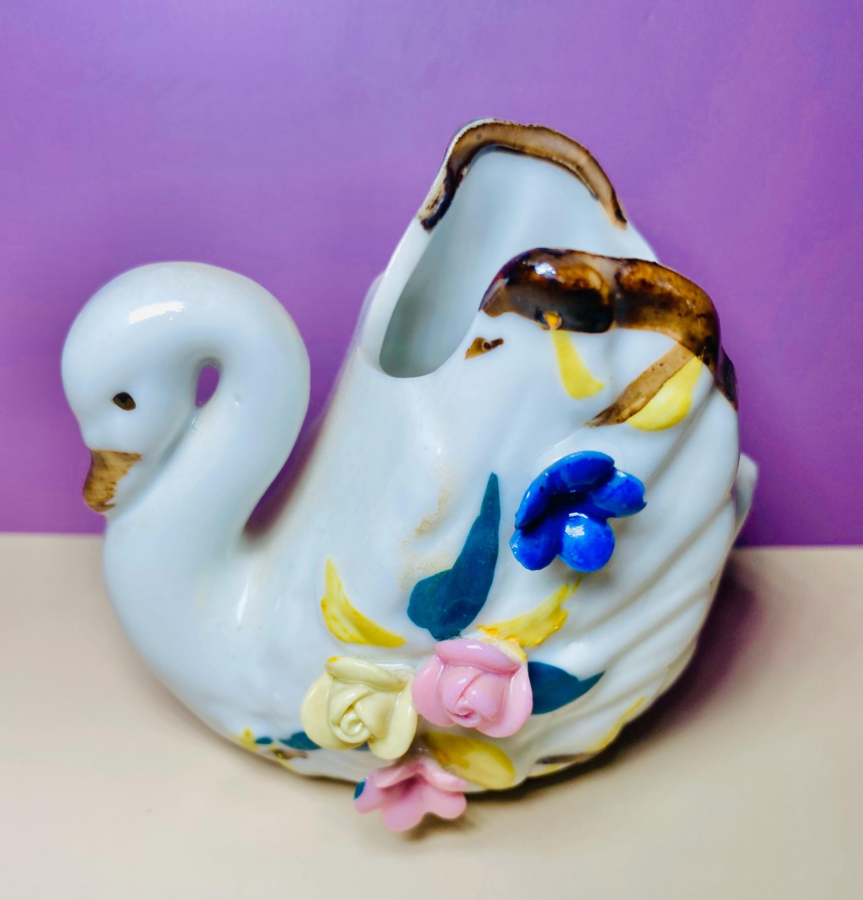 Capodimonte Style Porcelain Swan Vase or Planter Toothpick Holder