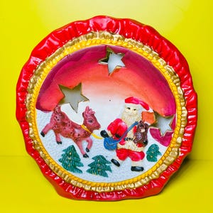 Vintage Holiday Tea Light Ceramic Candle Holder Christmas Santa & Reindeer