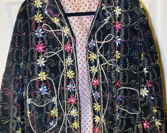 Vintage geborduurd omkeerbaar corduroy jack met bloemen Boho L Calico