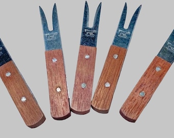 Vintage roestvrijstalen maïskolfhouders houten handvat MCM Taiwan set van 5