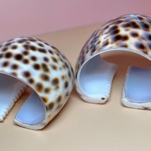 May include: Two decorative seashell bracelets. Each bracelet is a half-shell shape with a white interior and a brown and cream spotted exterior. The bracelets are open at the bottom and rest on a light tan surface.