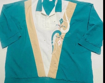 Palm Club Teal & White Vintage Button Up Tee, XL