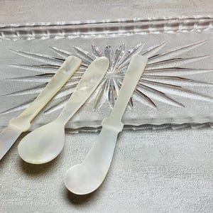 Set vintage del 1960 con cucchiaio e spatola per caviale in madreperla e vassoio in vetro a raggiera.