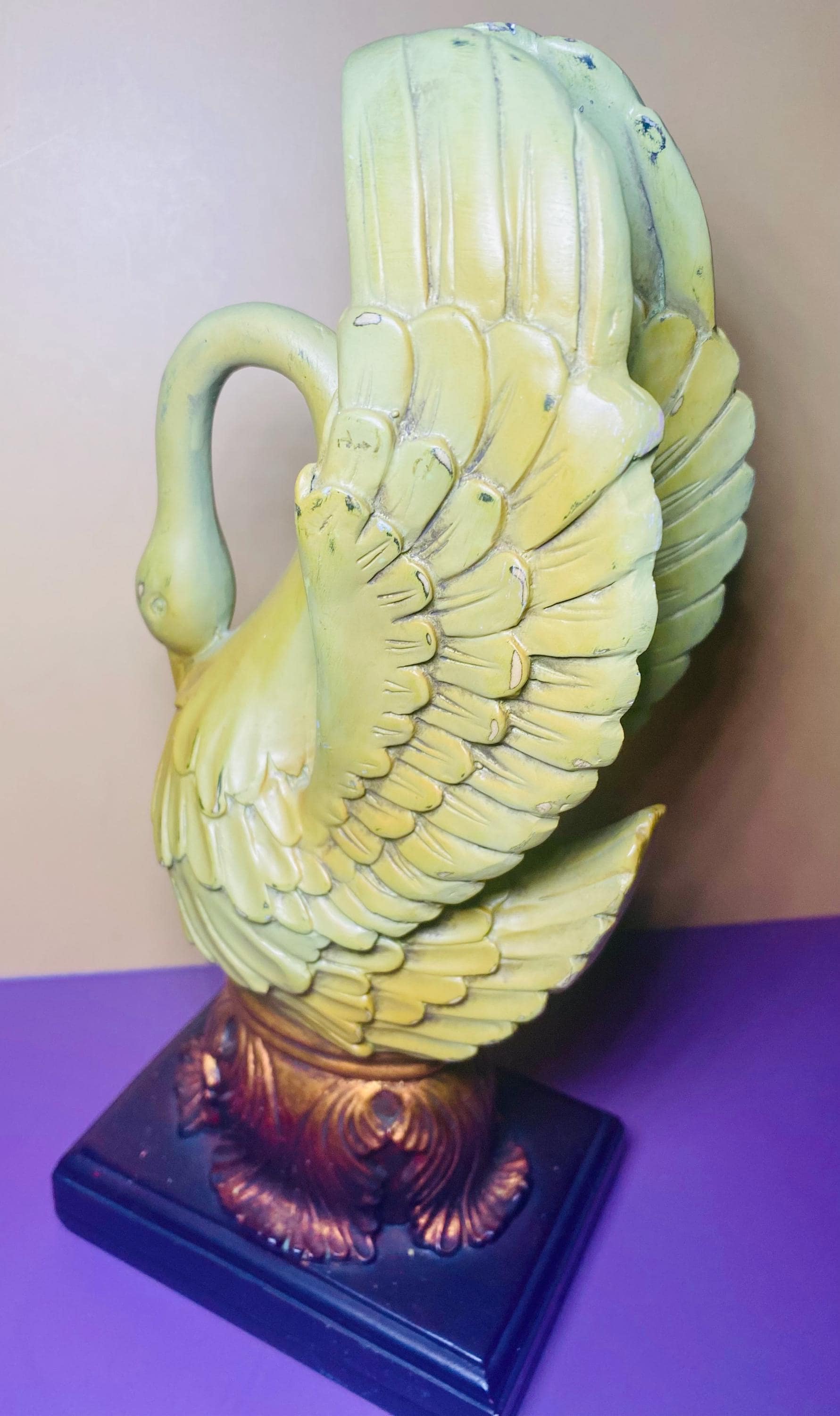 Vintage Green Swan Statue Resin Brushed Copper Base Figurine Heavy