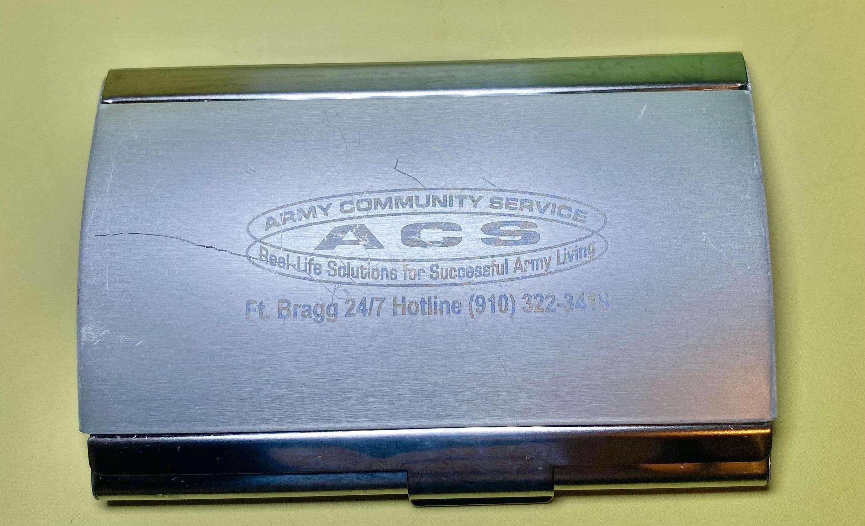 Vintage Ft. Bragg Army Community Service (ACS) Metal Business Card Holder Brushed Stainless Steel Military Memorabilia