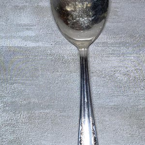 Può includere: Un cucchiaio d'argento vintage con una grande coppa ovale e un lungo manico ornato. La superficie del cucchiaio mostra segni di usura e invecchiamento, con qualche scolorimento. Il manico presenta dettagliati motivi floreali e a volute.