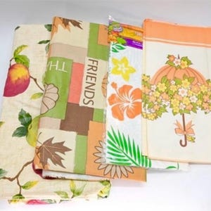 Vintage 1970s Cotton Tablecloths Set – Floral, Fruit, Umbrella Print – Lot of 4 Retro