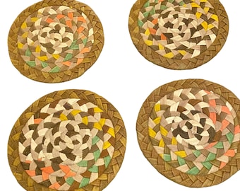 Cojines redondos de lana trenzada estilo vintage para sillas - Juego de 4 - Tonos tierra - Hechos a mano en la década de 1970