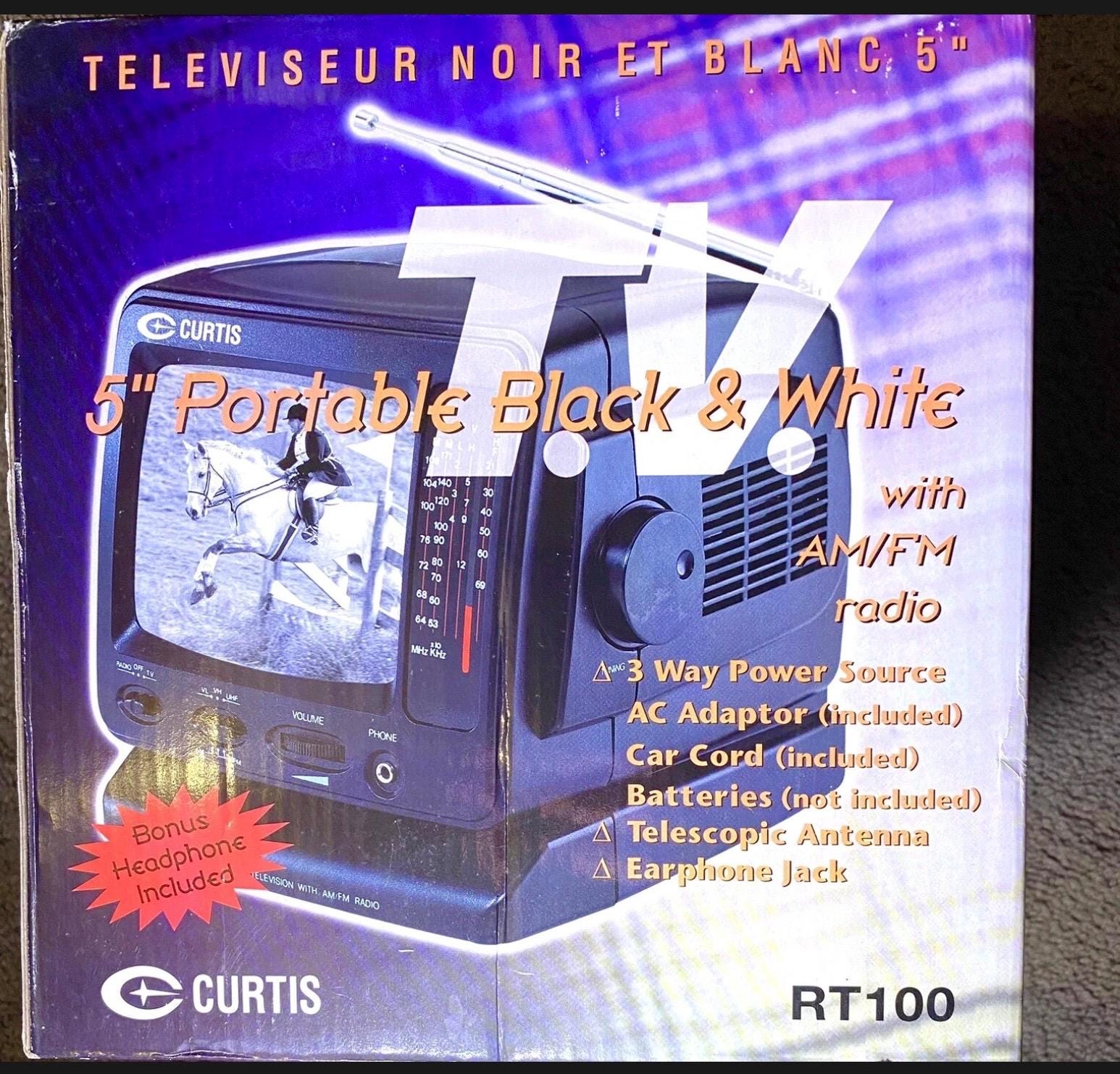 Curtis 5" Portable Black & White Vintage Television with AM/FM Radio RTO68
