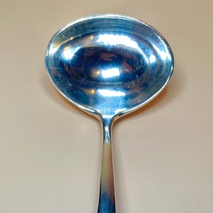 May include: A shiny, silver ladle with a deep, rounded bowl and a long, slender handle. The ladle reflects the light, creating a bright, metallic appearance. The handle is slightly curved, and the overall design is simple and elegant.