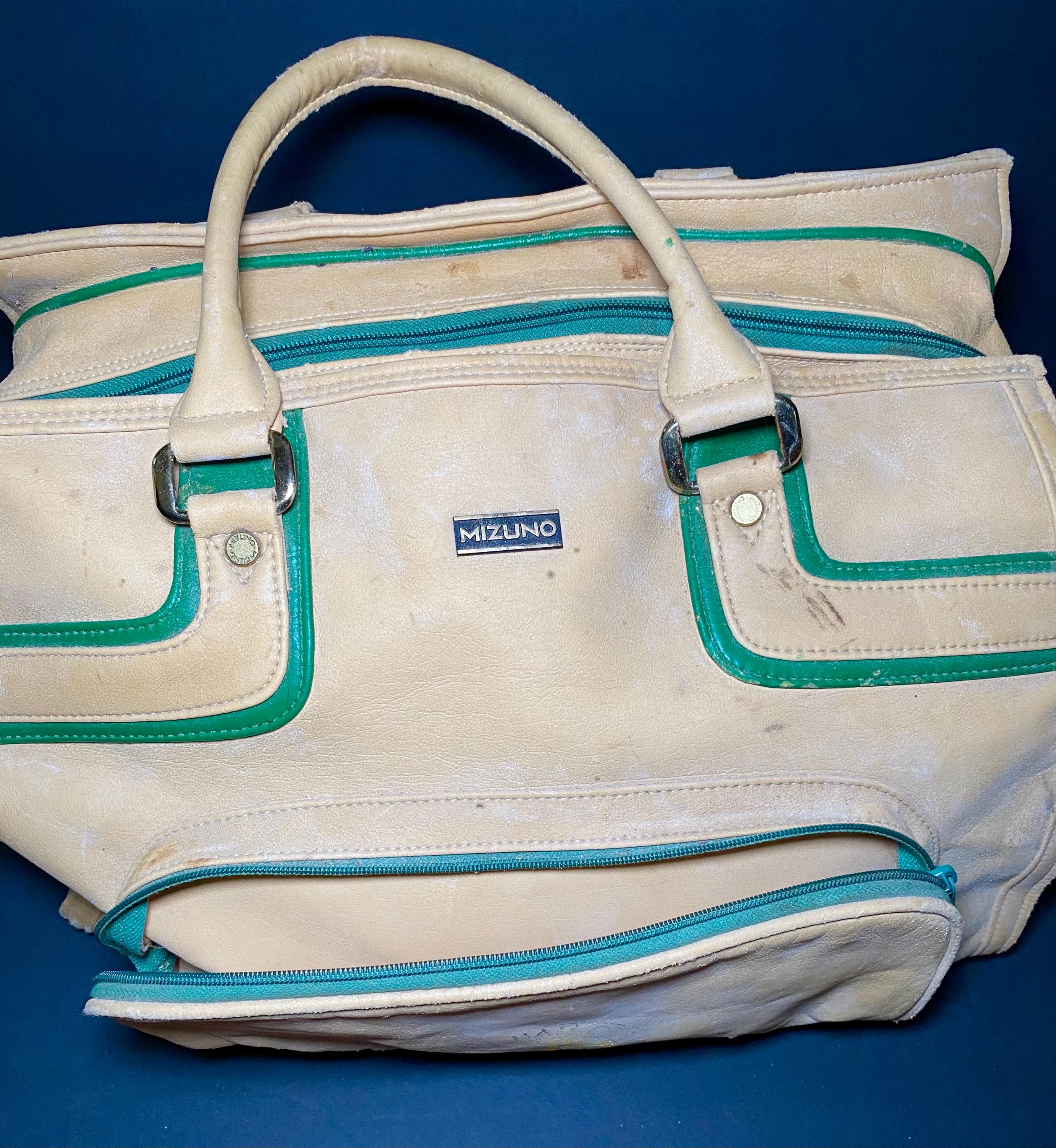Vintage Mizuno Sports Duffel Bag Cream Green Trim Gym Travel