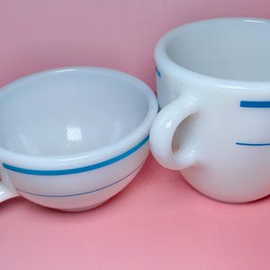 Vintage Pyrex Coffee Mugs Cups Set of 2, Milk Glass Teal Blue Bands, Double Tough Series, Collectible Tableware, USA Made Corning Glass