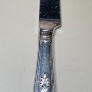 May include: A silver butter knife with a decorative handle. The handle has an ornate, embossed design with floral and shell-like elements. The blade is rectangular and polished.
