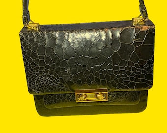 Vintage 1960s Alligator by Comet Schwarze Geprägte Lederhandtasche Gold Hardware