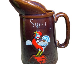 Vintage 1960s Ceramic Rooster Syrup Pitcher Brown Glazed Farmhouse Decor