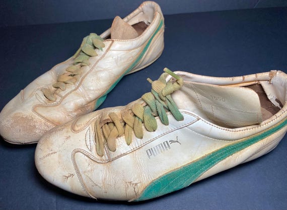 Puma, Vintage Puma Soccer Cleats 1950 White Green Leather Metal Studs Rare Shoes