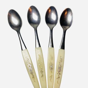 May include: A set of four silver-toned metal spoons with off-white handles. Each handle features a delicate, embossed floral pattern in a metallic finish that runs vertically along the center of the cream-colored material, ending in a tapered point.