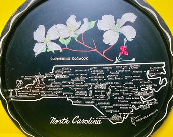 Vintage NORTH CAROLINA Souvenir Tole Tray Novelty Beach Retro NC Map Vacation