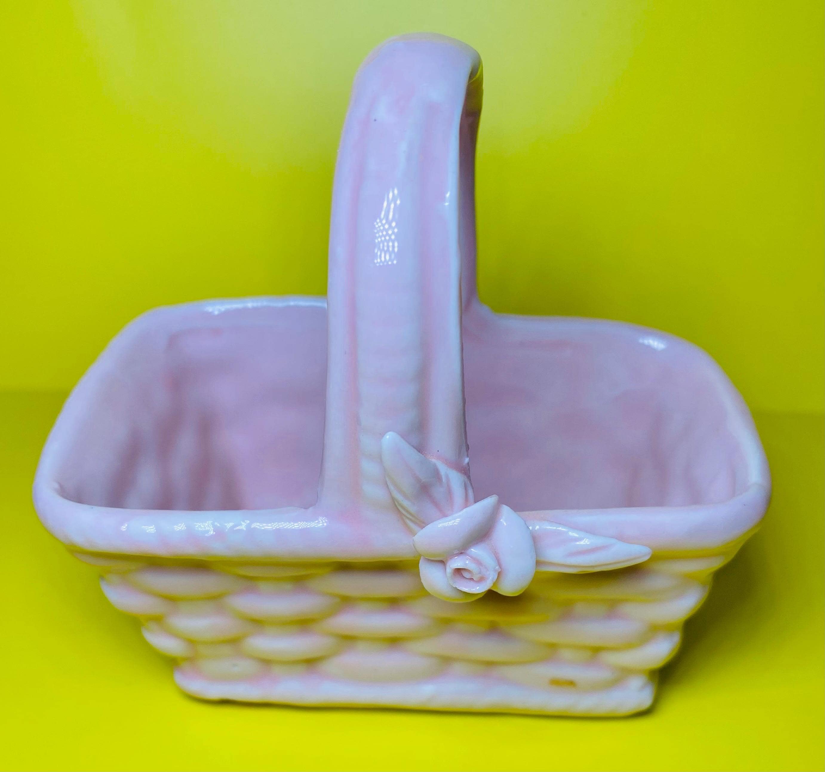 Blush Pink Miniature Porcelain Basket Wicker Texture Pale Vintage